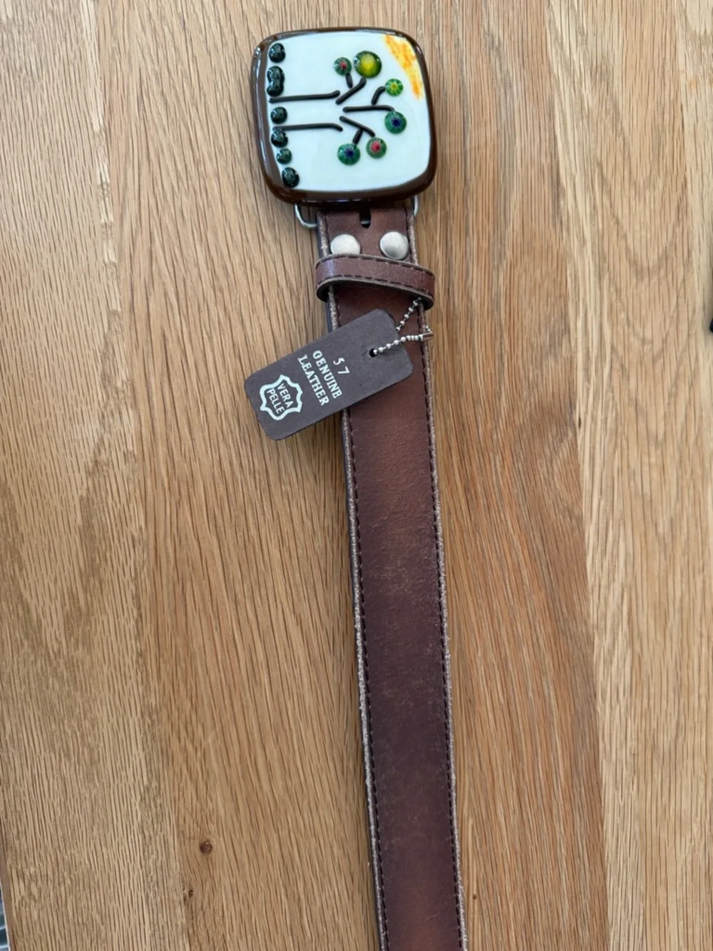 Fused Glass Belt Buckle Abstract Tree on White with Brown Leather Belt 1.5” wide